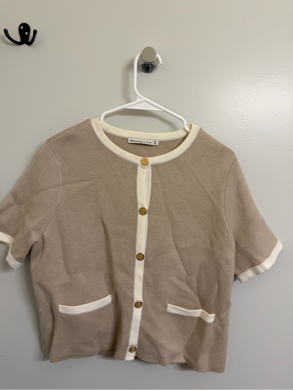 Abercrombie & Fitch Beige Short-Sleeve Cardigan with Cream Trim